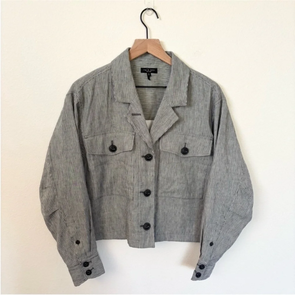 Rag and Bone Designer Jacket Cropped Striped Jessie Coat Linen Gray Size Medium - Picture 4 of 14